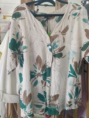 Cherish Floral Button-Down Top in Teal, Brown and Cream